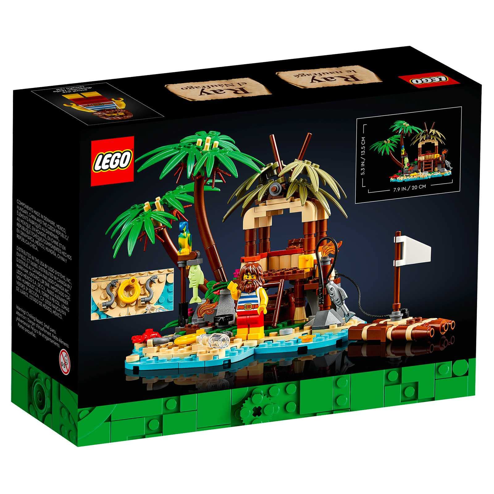 LEGO Ray the Castaway raft and shoreline details inviting creative storytelling.