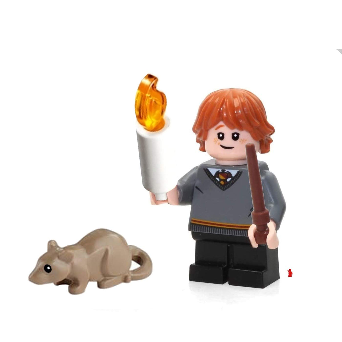 LEGO Ron Weasley minifigure with wand, candle, and Scabbers for display and play.