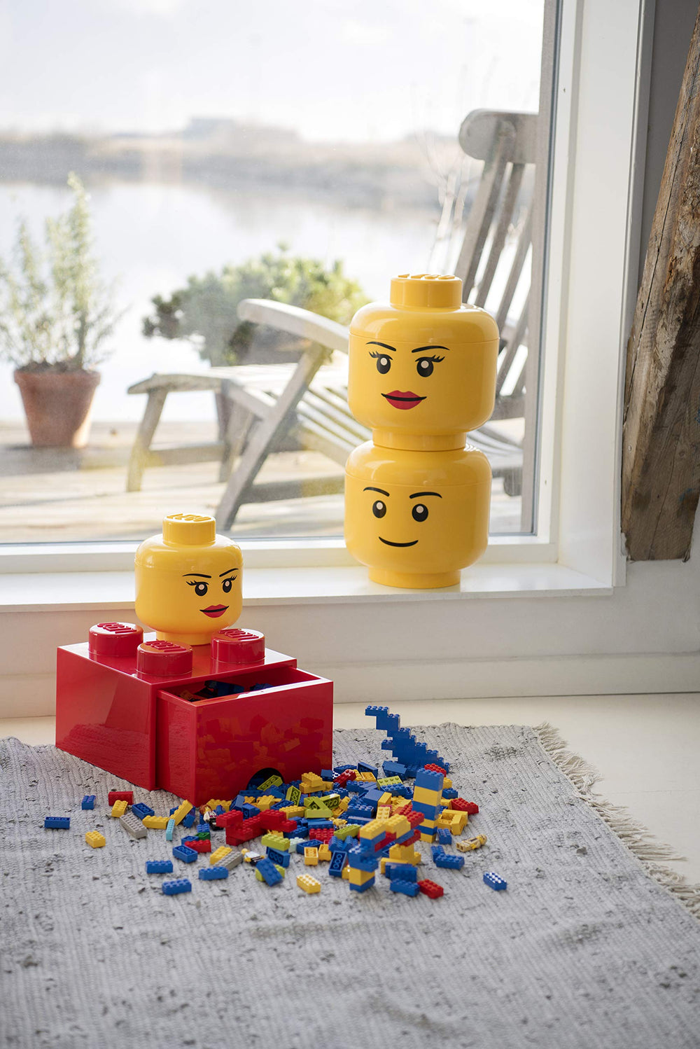 LEGO Room Copenhagen storage head lid open highlights easy access for quick cleanup.