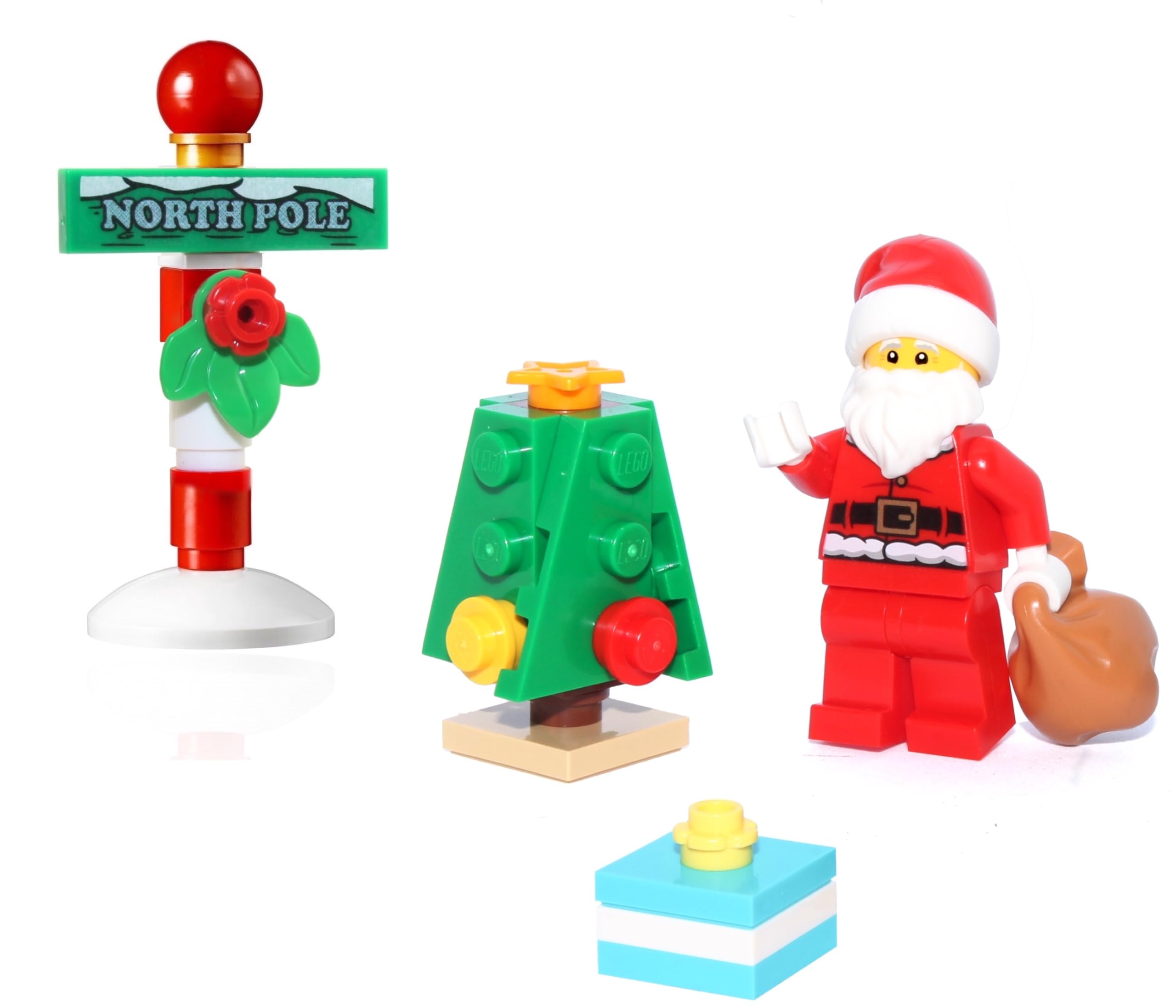 LEGO Santa Claus minifigure with north pole stand inspires festive storytelling.