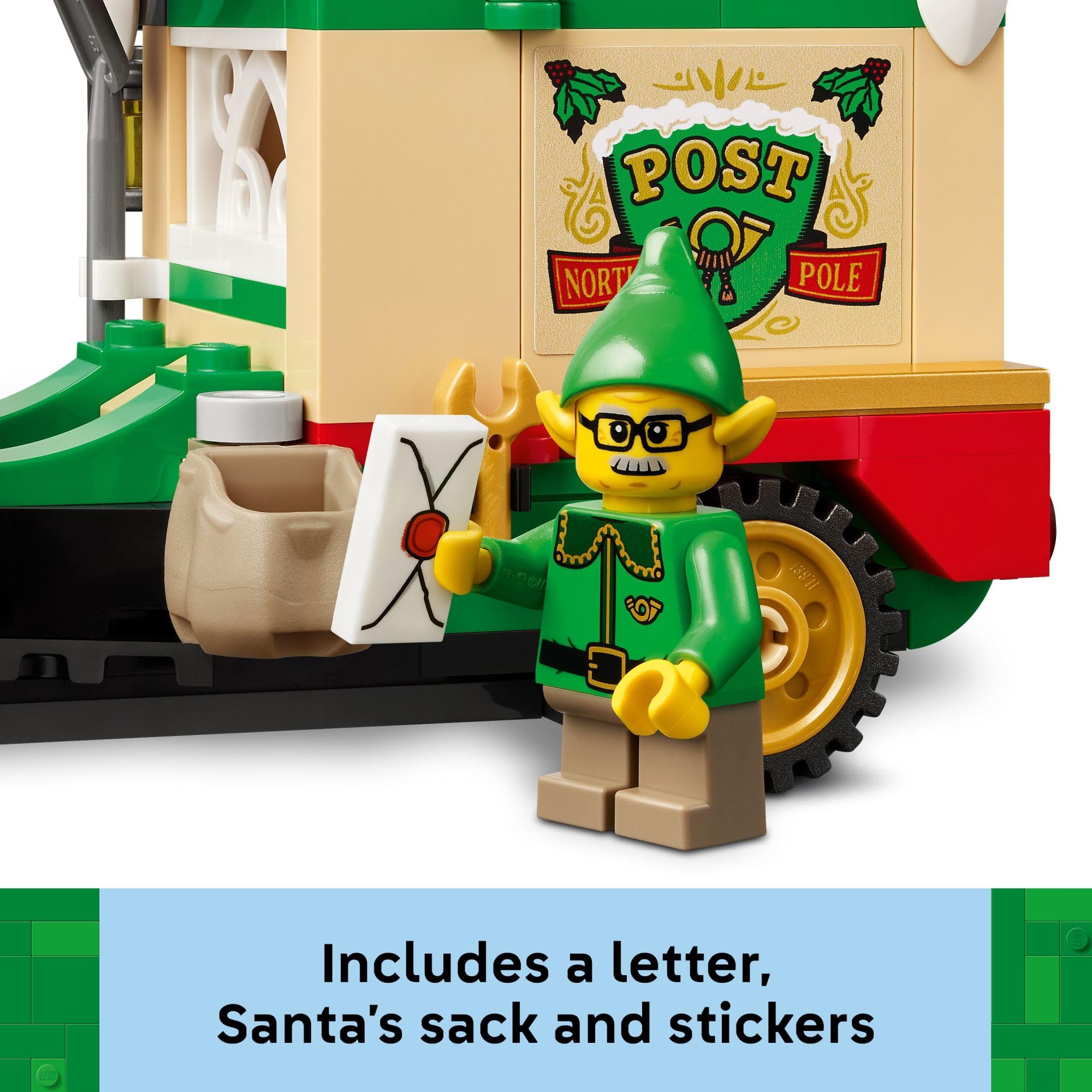 LEGO Santa’s Delivery Truck includes a letter, Santa's sack, and sticker sheet for personalization