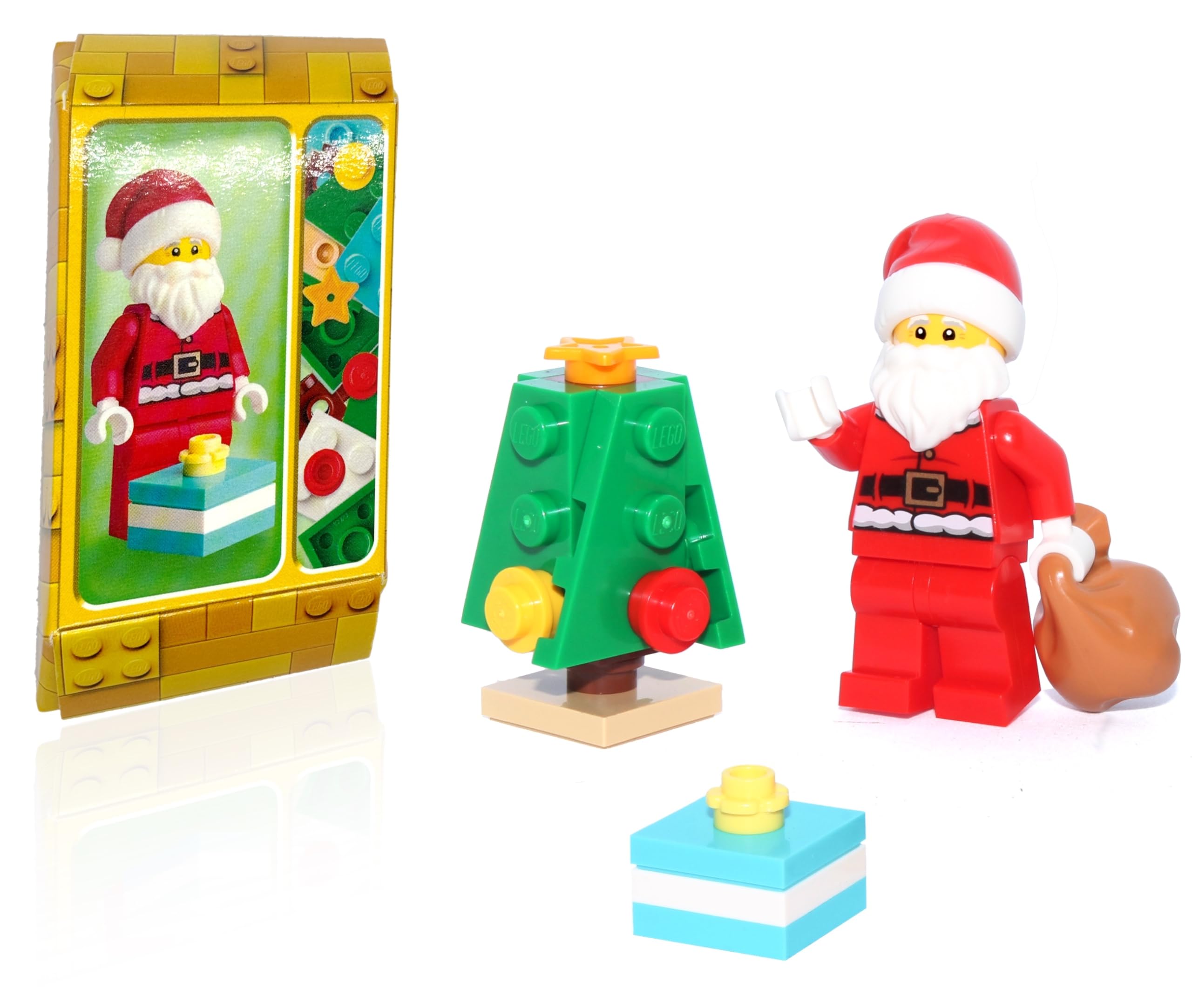 LEGO Santa minifigure with toy sack invites imaginative holiday play.