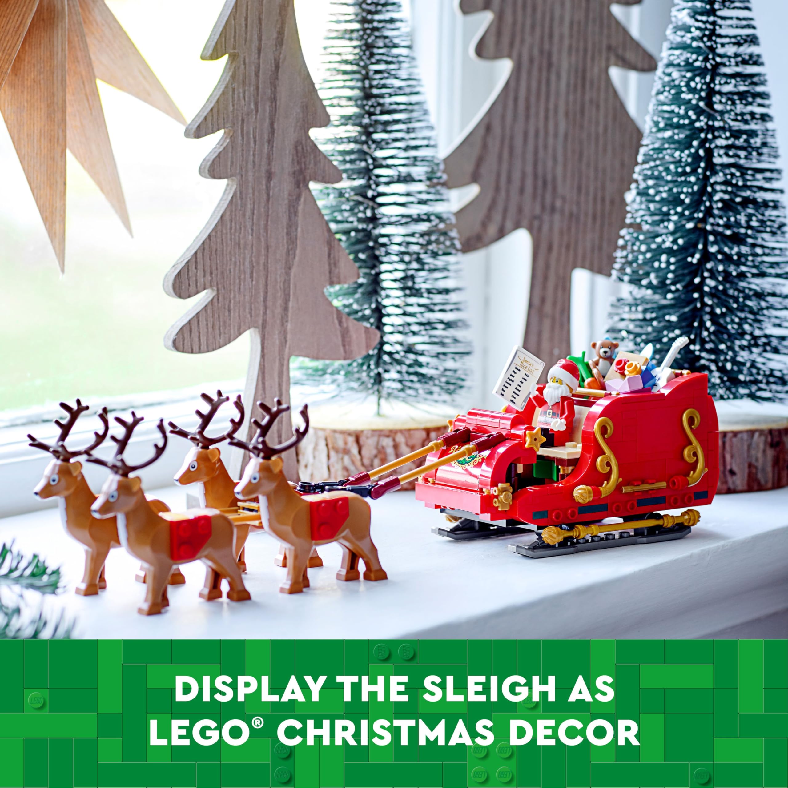 LEGO Santa's Sleigh top-view shows brick-built festive design.