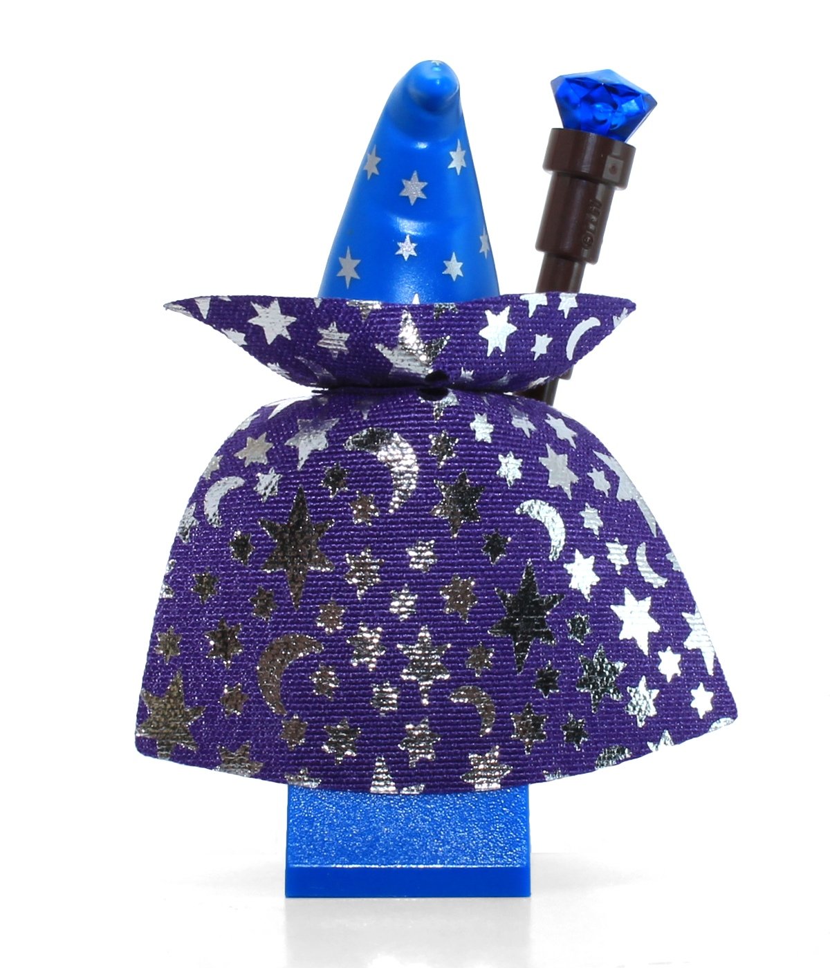 LEGO Blue Wizard minifigure with long cape shows elegant moon and star detailing.