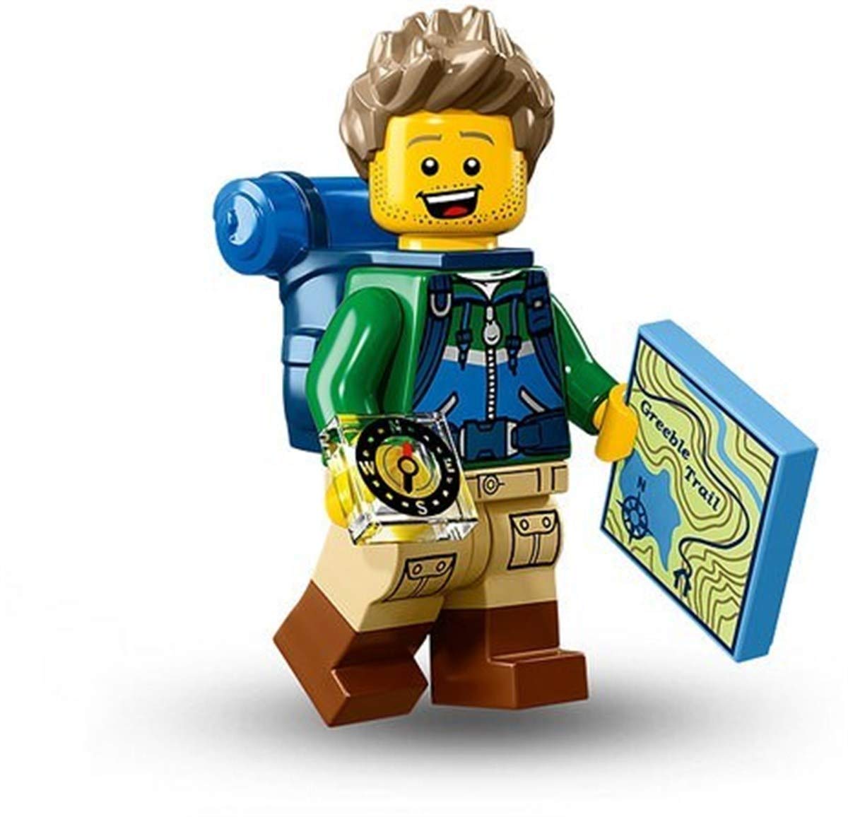LEGO Series 16 Hiker figure front view with backpack for display