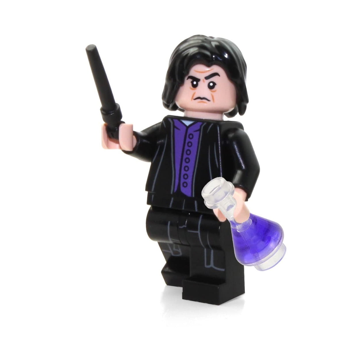 LEGO Severus Snape minifigure with wand and potion bottle for imaginative play.