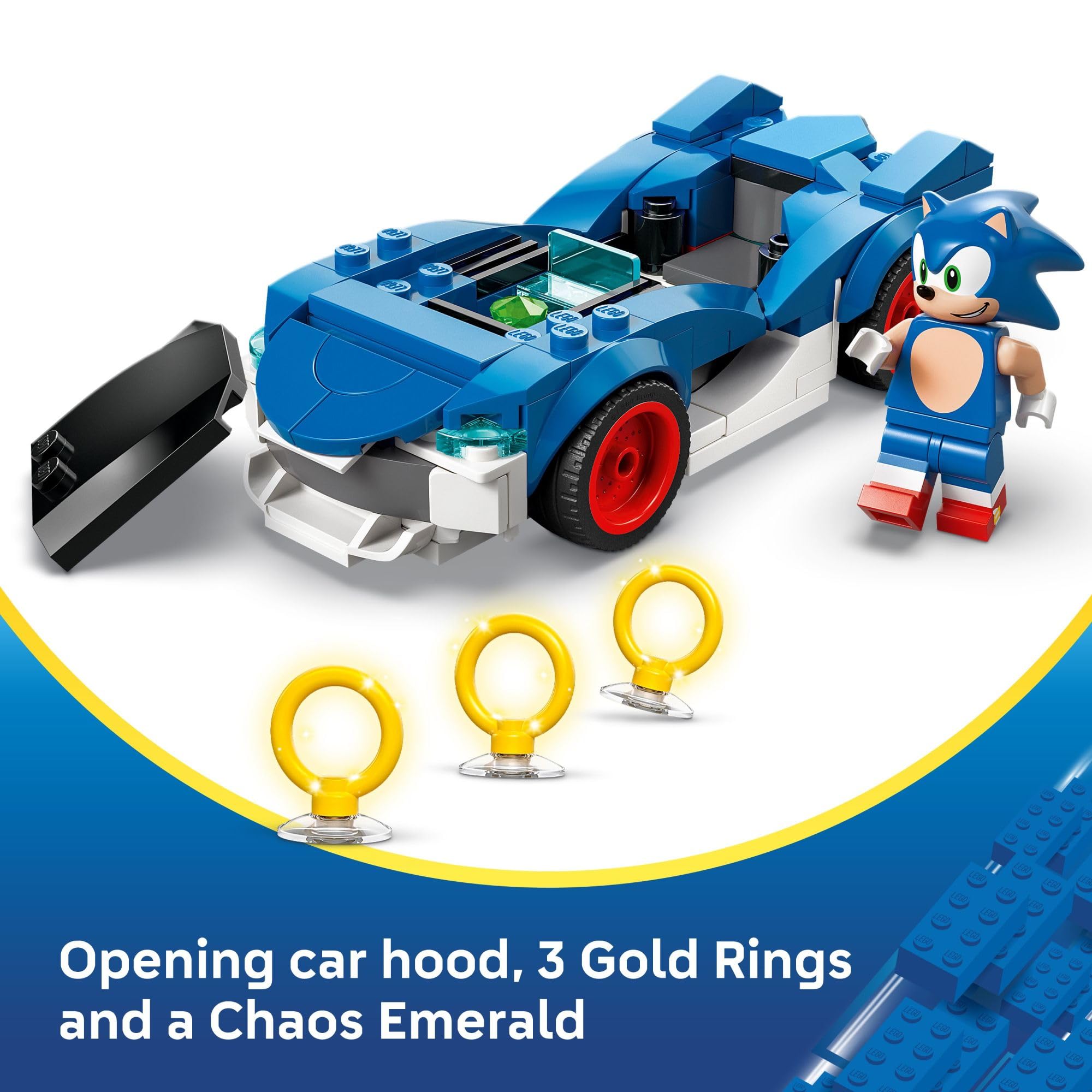 LEGO Sonic Speedster Lightning car hood open shows Chaos Emerald detail.