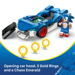LEGO Sonic Speedster Lightning car hood open shows Chaos Emerald detail.