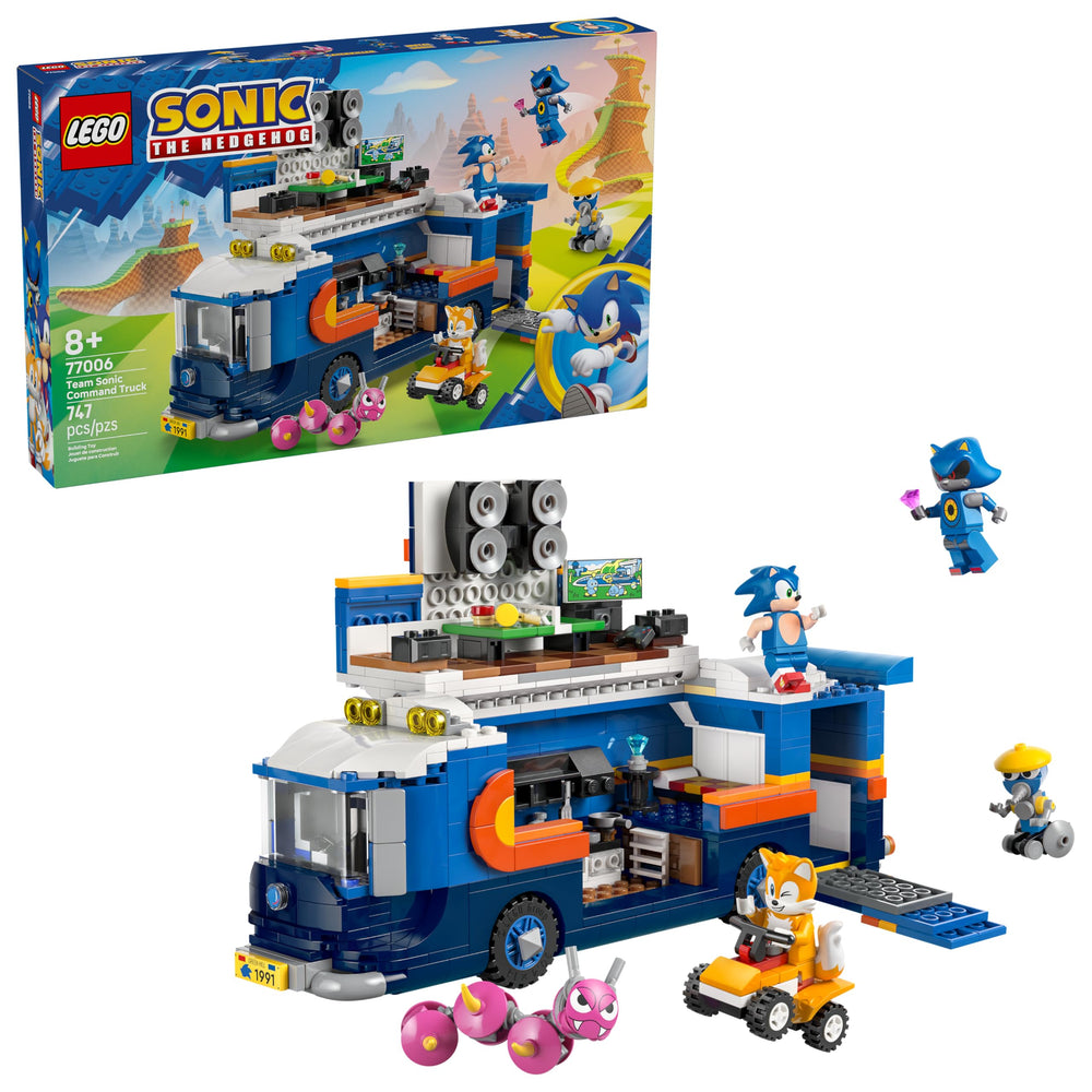 LEGO Sonic Team Command Truck with removable front cabin for two minifigures, imaginative play.