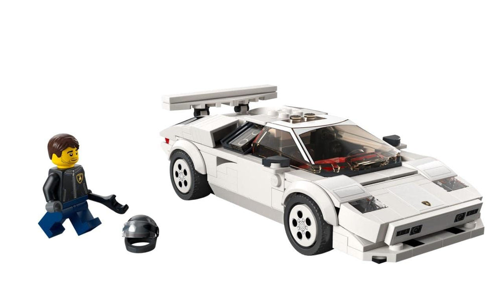 LEGO Speed Champions Lamborghini Countach front view, showcases iconic profile on shelves