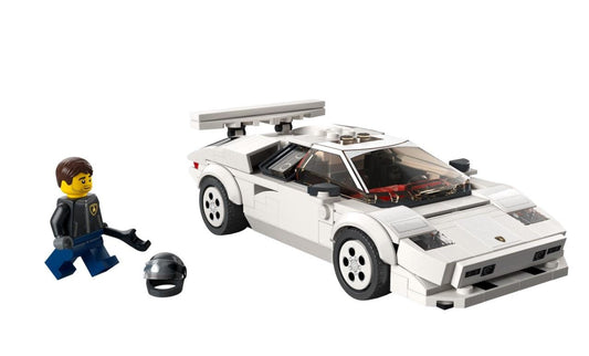 LEGO Speed Champions Lamborghini Countach front view, showcases iconic profile on shelves