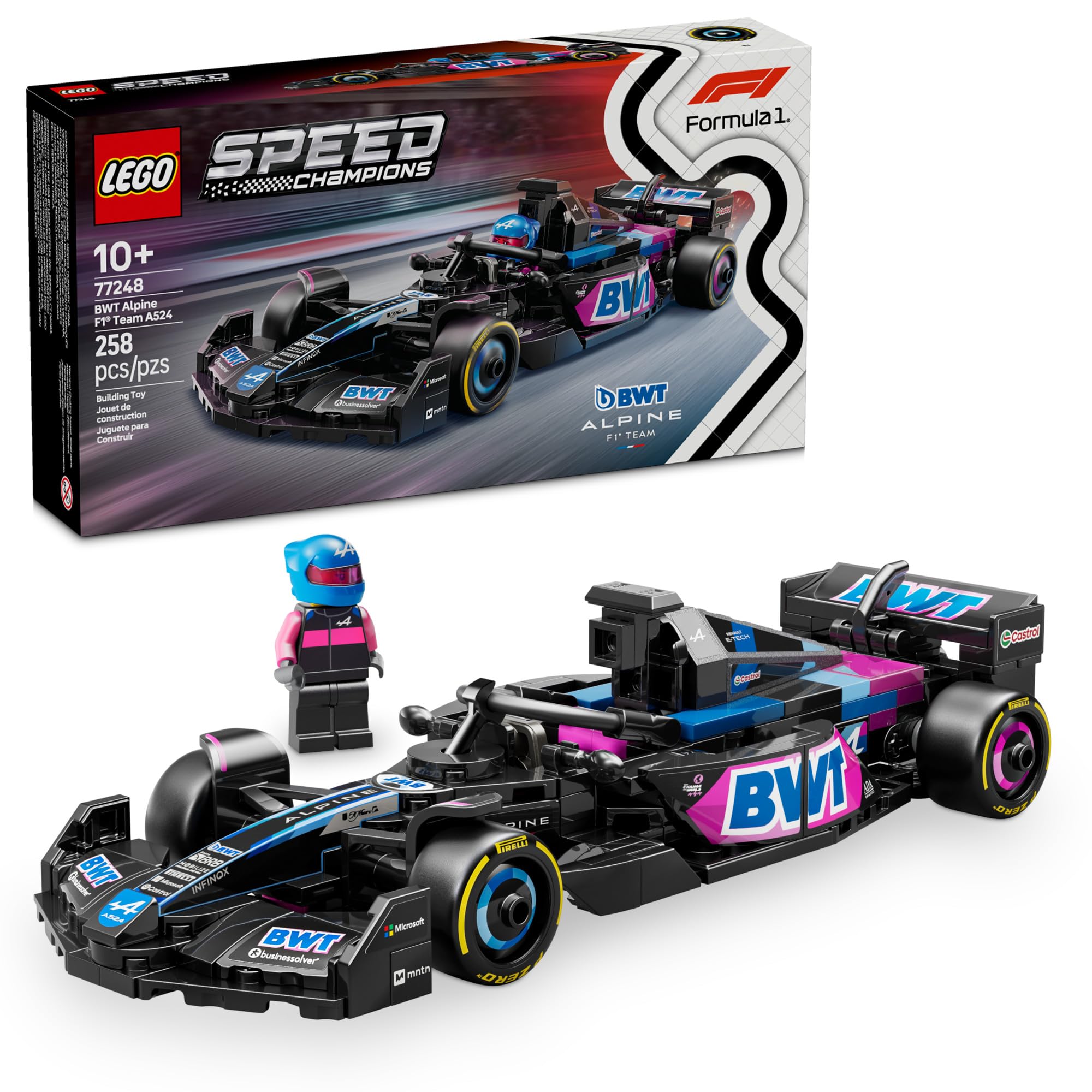 LEGO Speed Champions Alpine F1 A524 car front detail for display