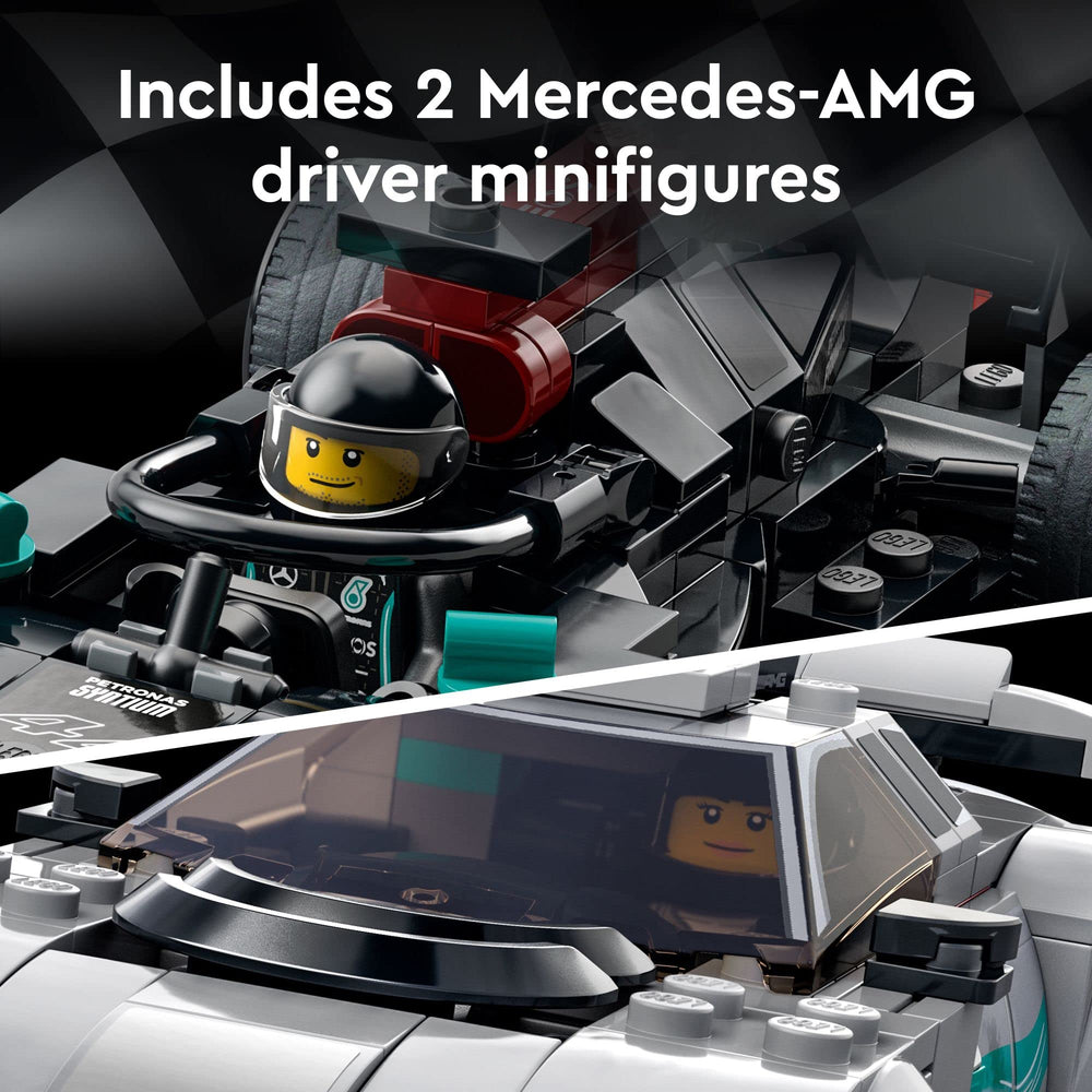 Two iconic Mercedes cars arranged for an eye-catching display