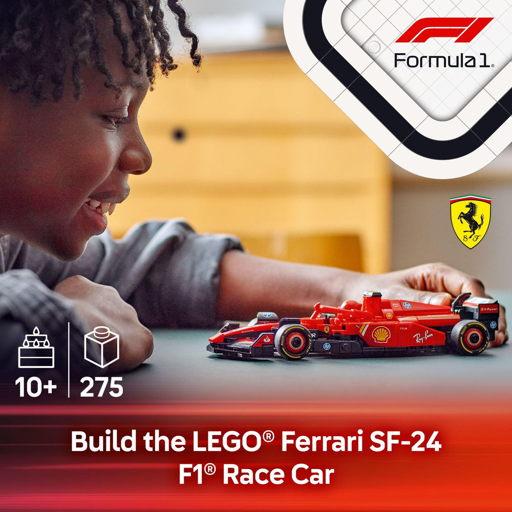 Ferrari SF-24 driver minifigure adds authentic racing action inside the cockpit.