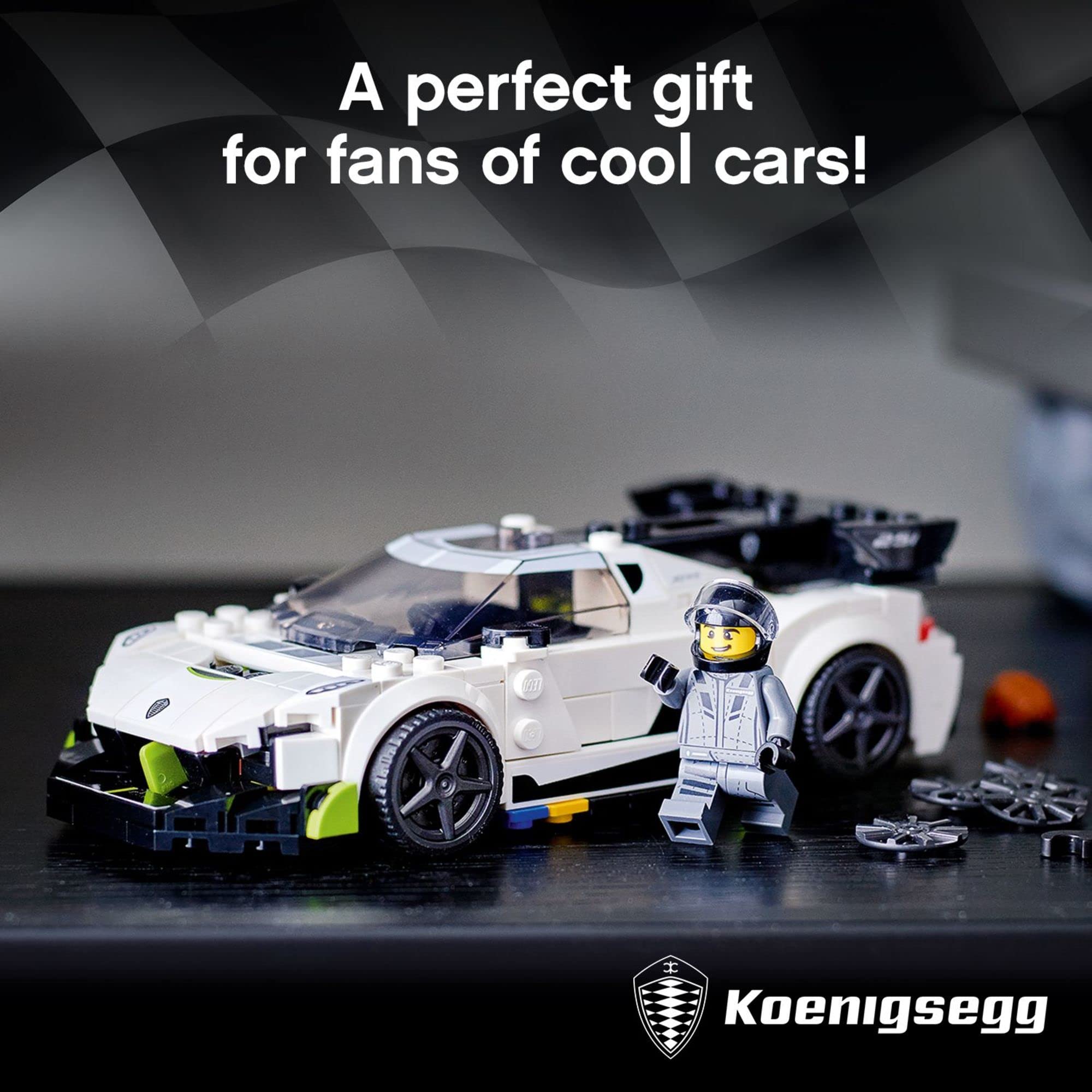 Side profile of LEGO Koenigsegg Jesko 76900 with authentic silhouette for pretend racing
