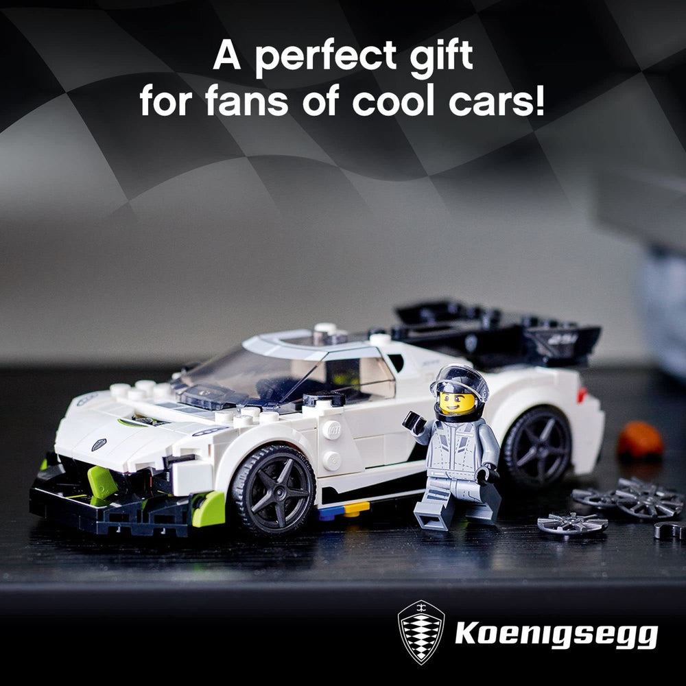 Side profile of LEGO Koenigsegg Jesko 76900 with authentic silhouette for pretend racing