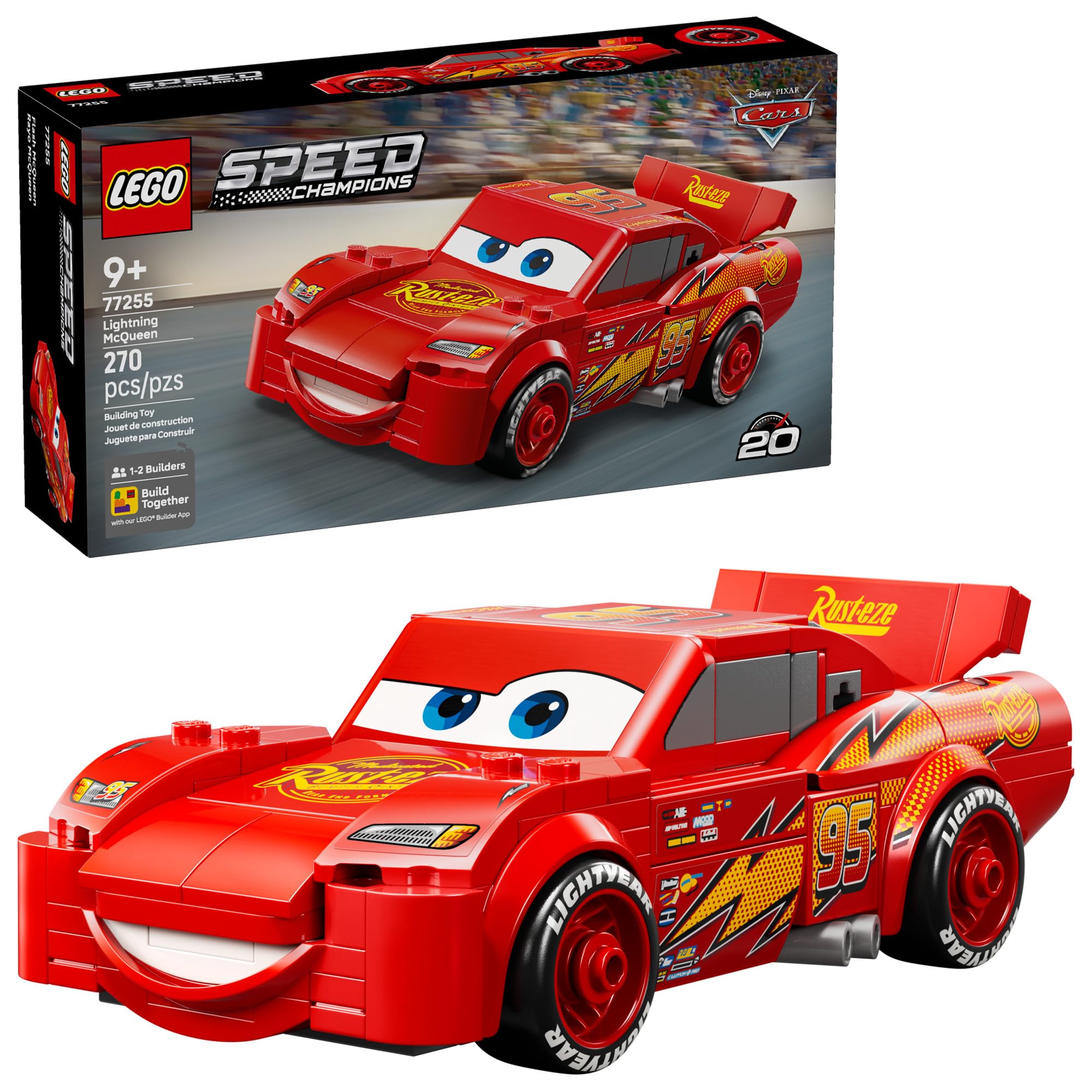 LEGO Speed Champions Lightning McQueen front view shows authentic movie details for display and imaginative play