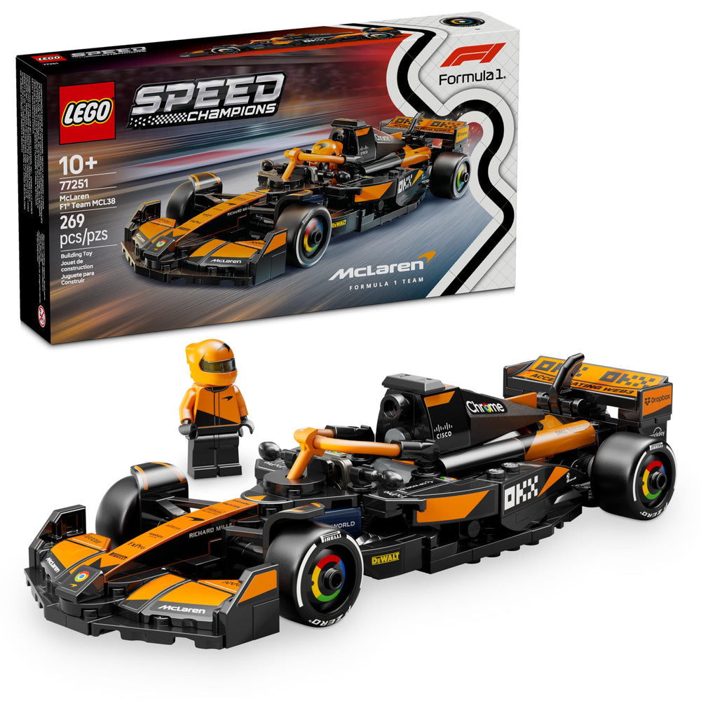LEGO Speed Champions McLaren F1 Team MCL38 front view for striking display.
