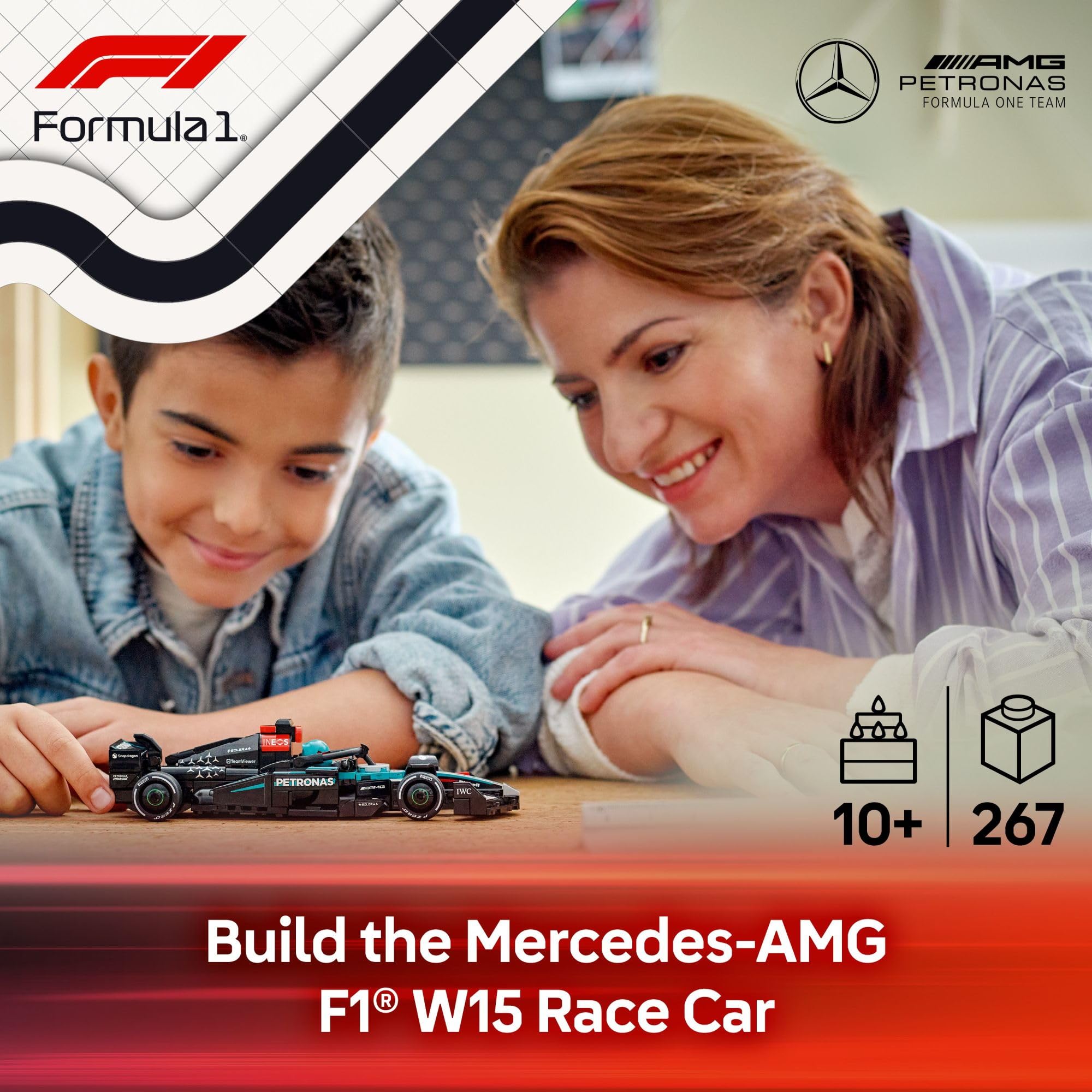 Cockpit view of LEGO Speed Champions Mercedes-AMG F1 W15 with halo open for role-play
