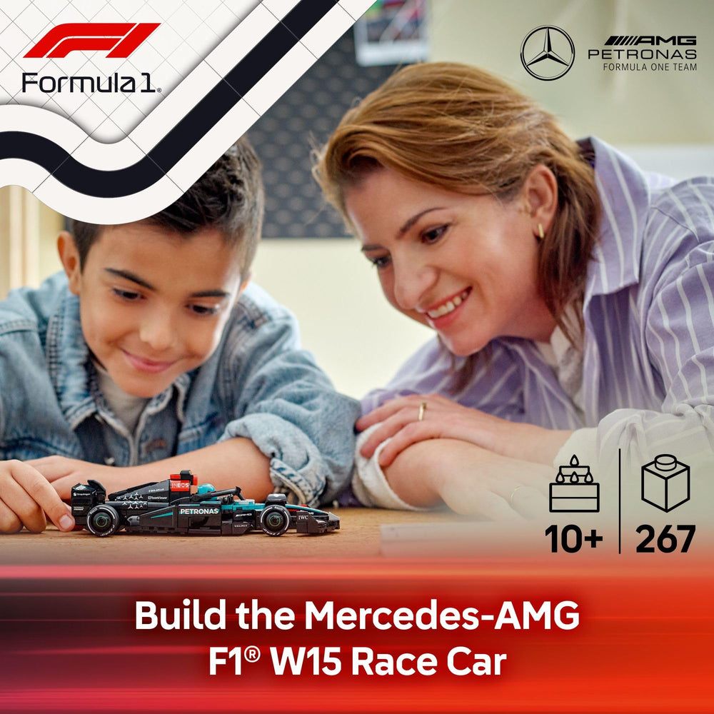 Cockpit view of LEGO Speed Champions Mercedes-AMG F1 W15 with halo open for role-play