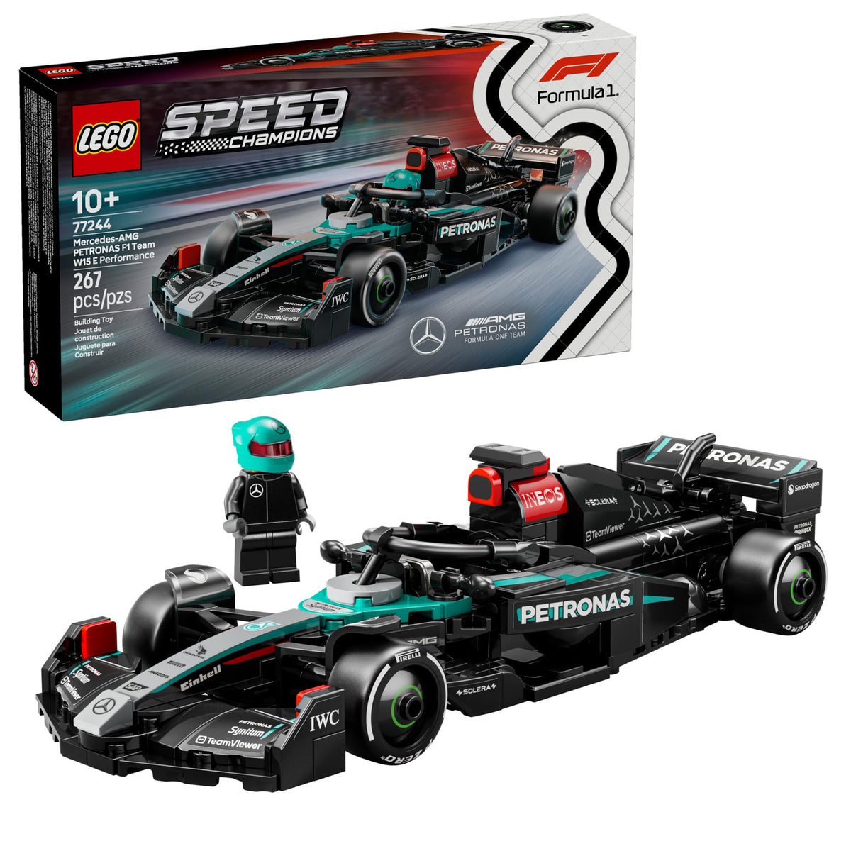 LEGO Speed Champions Mercedes-AMG F1 W15 front view for authentic display and play