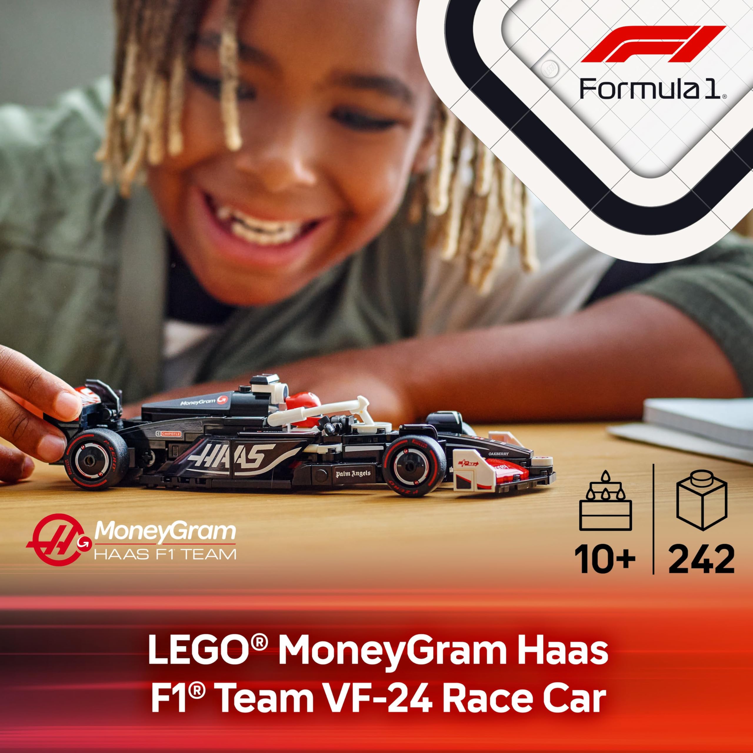 LEGO Speed Champions MoneyGram Haas F1 VF-24 rear wing view for display