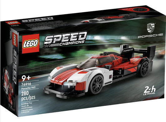 LEGO Speed Champions Porsche 963 76916 front view shows iconic red, black and white livery for display