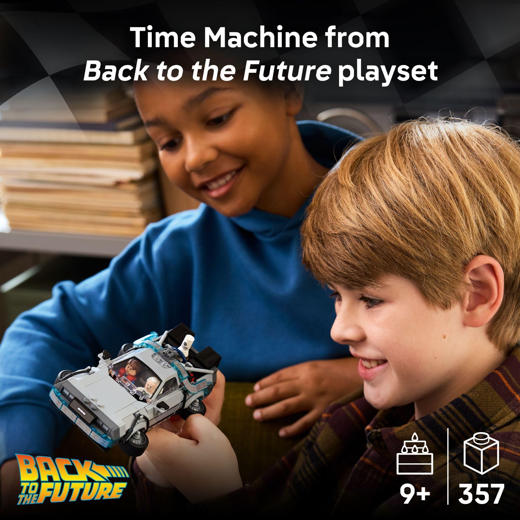LEGO Time Machine cockpit detail with Doc Brown and Marty inside