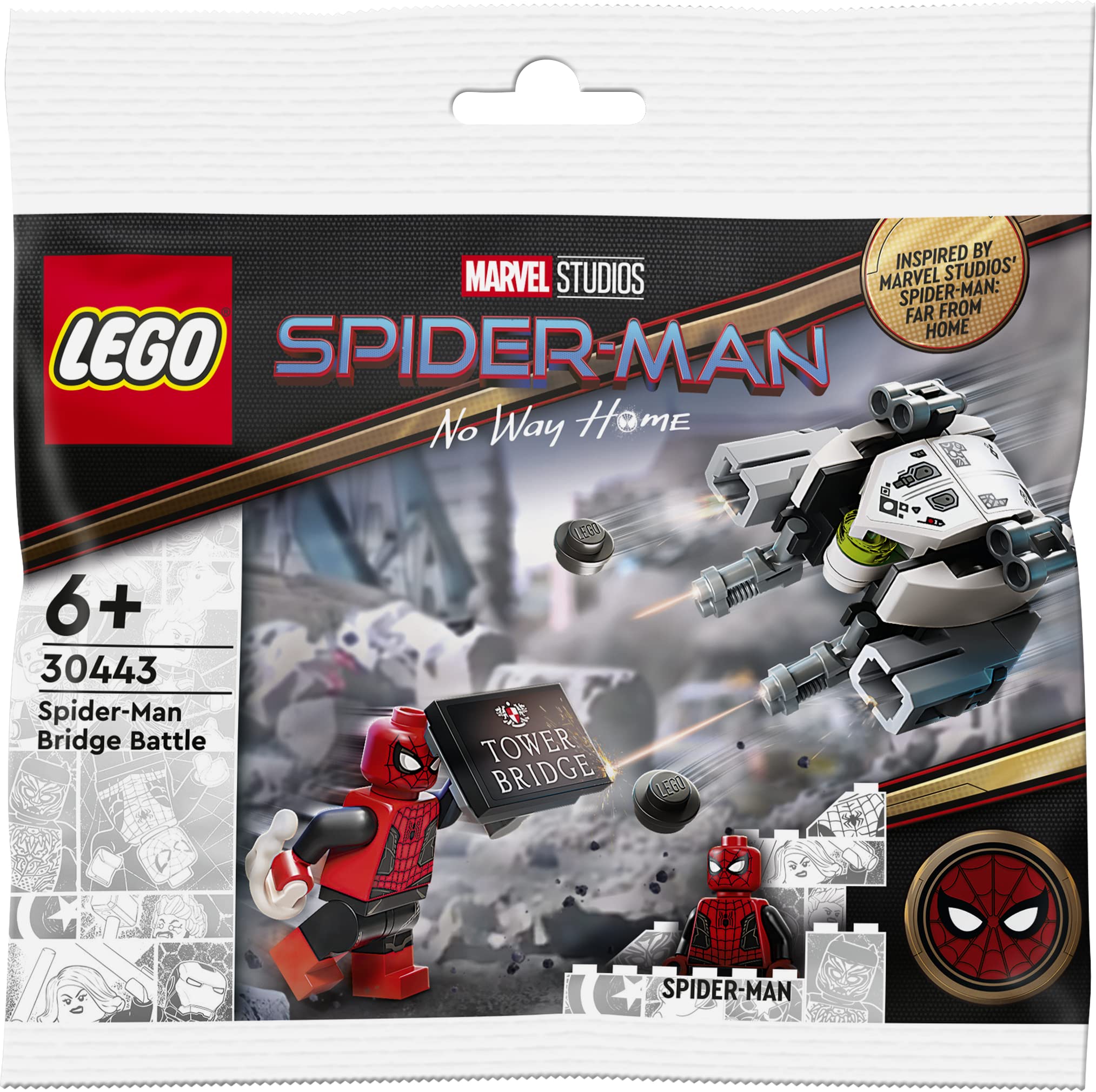 LEGO Spider-Man Bridge Battle polybag for display with compatible sets.