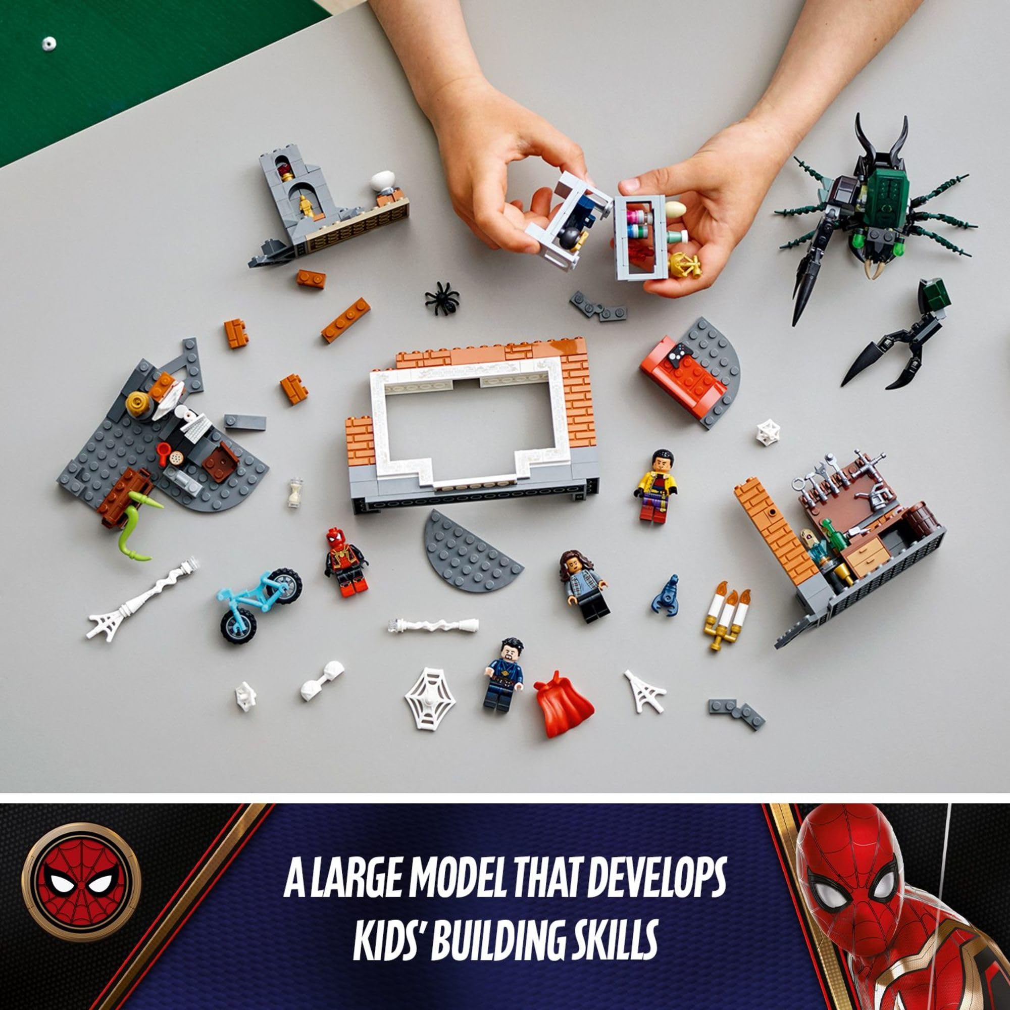 LEGO Spider-Man Sanctum Workshop 76185 accessories like tools, bicycles, game controller, candelabra, boom box, glowing stone