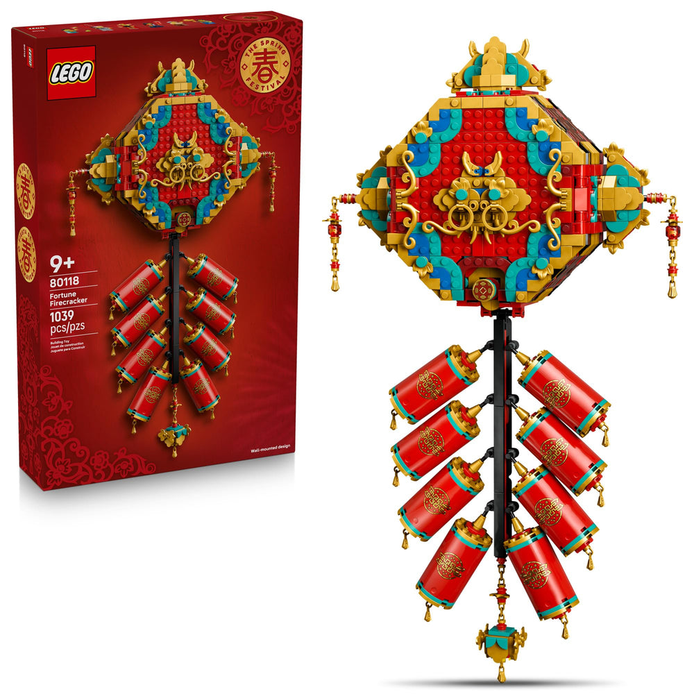 LEGO Fortune Firecracker wall display showcases festive decor with interactive crackling sound.
