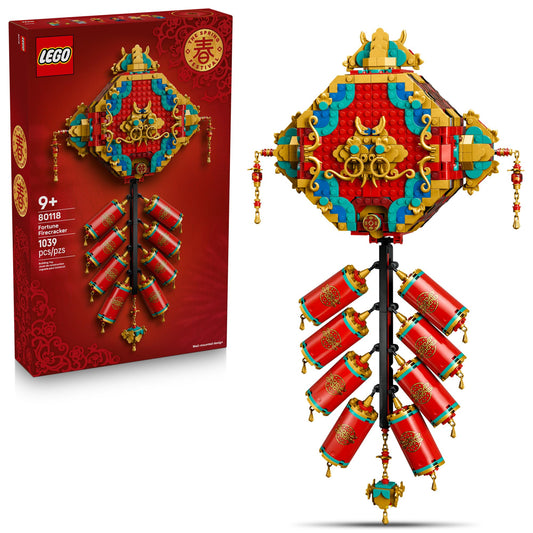 LEGO Fortune Firecracker wall display showcases festive decor with interactive crackling sound.