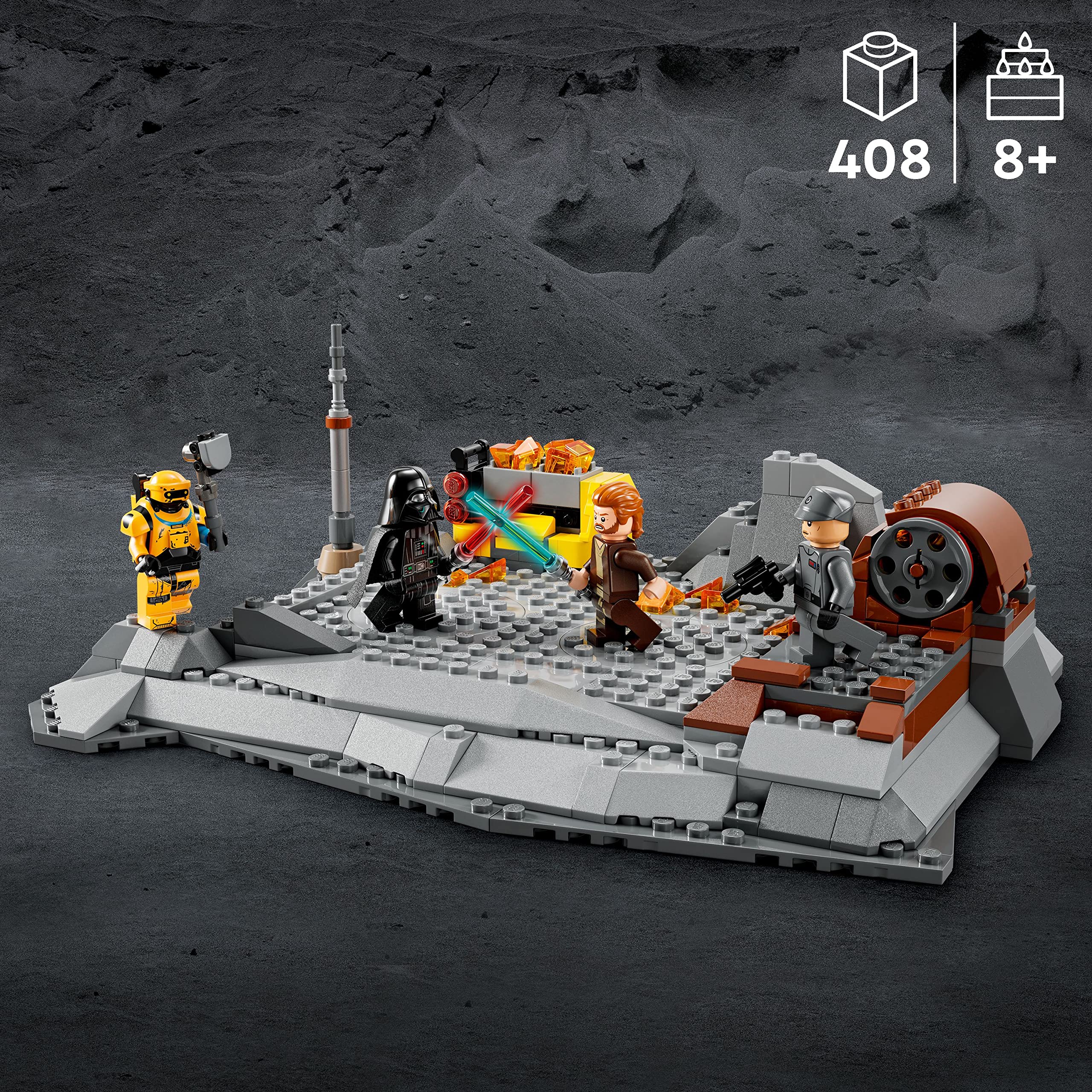 LEGO Star Wars 75334 Darth Vader minifigure with lightsaber enhances epic duel scenes.