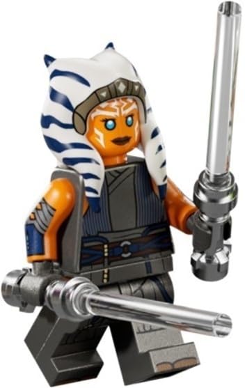 LEGO Star Wars Ahsoka minifigure with dual lightsabers for imaginative play and display.