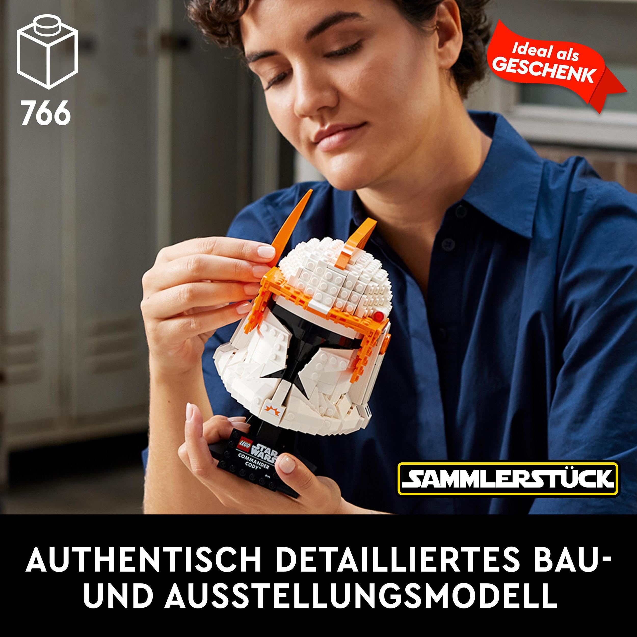 LEGO Star Wars Cody helmet on brick stand for an eye-catching showcase.