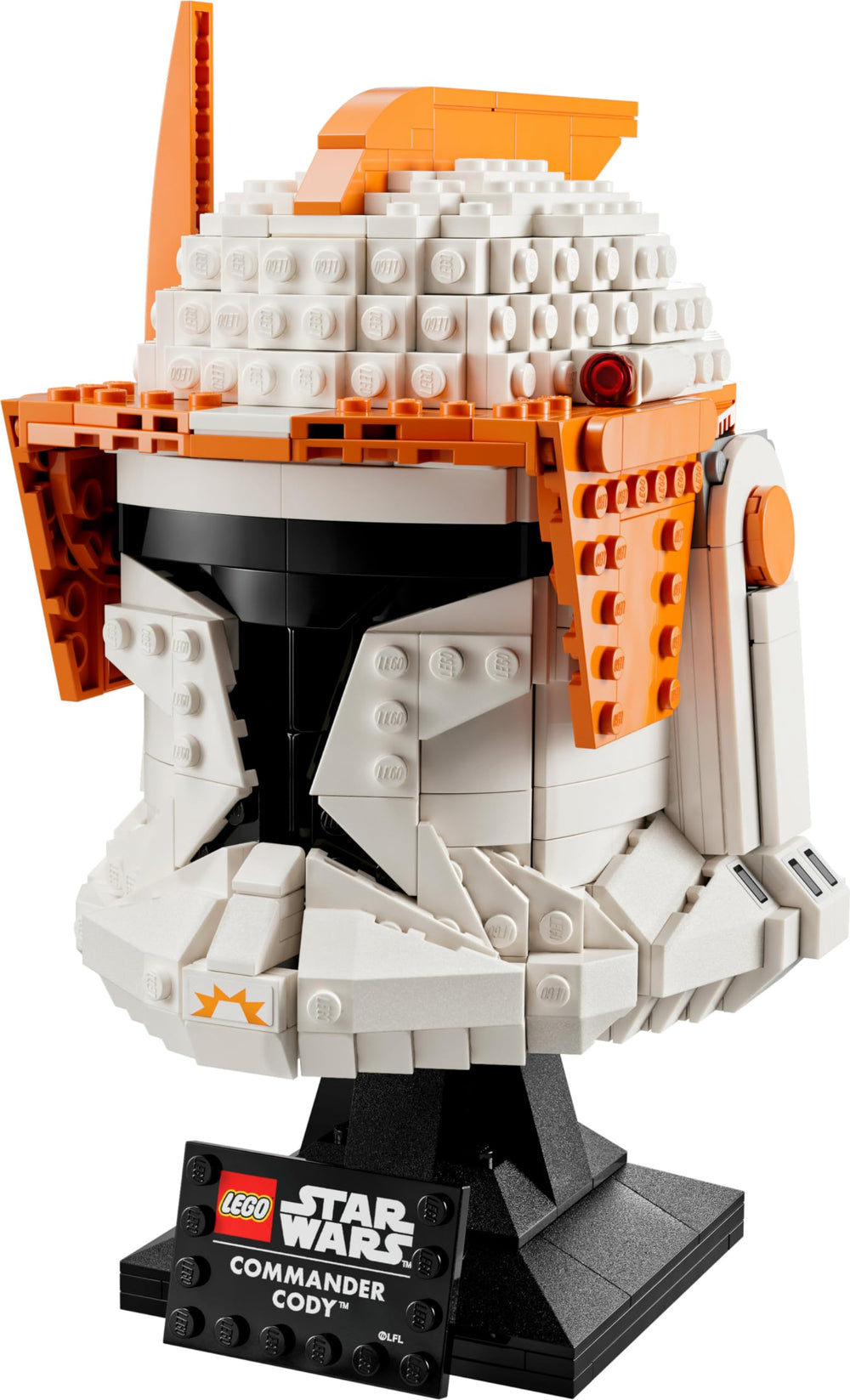 LEGO Star Wars Cody helmet on display with nameplate.