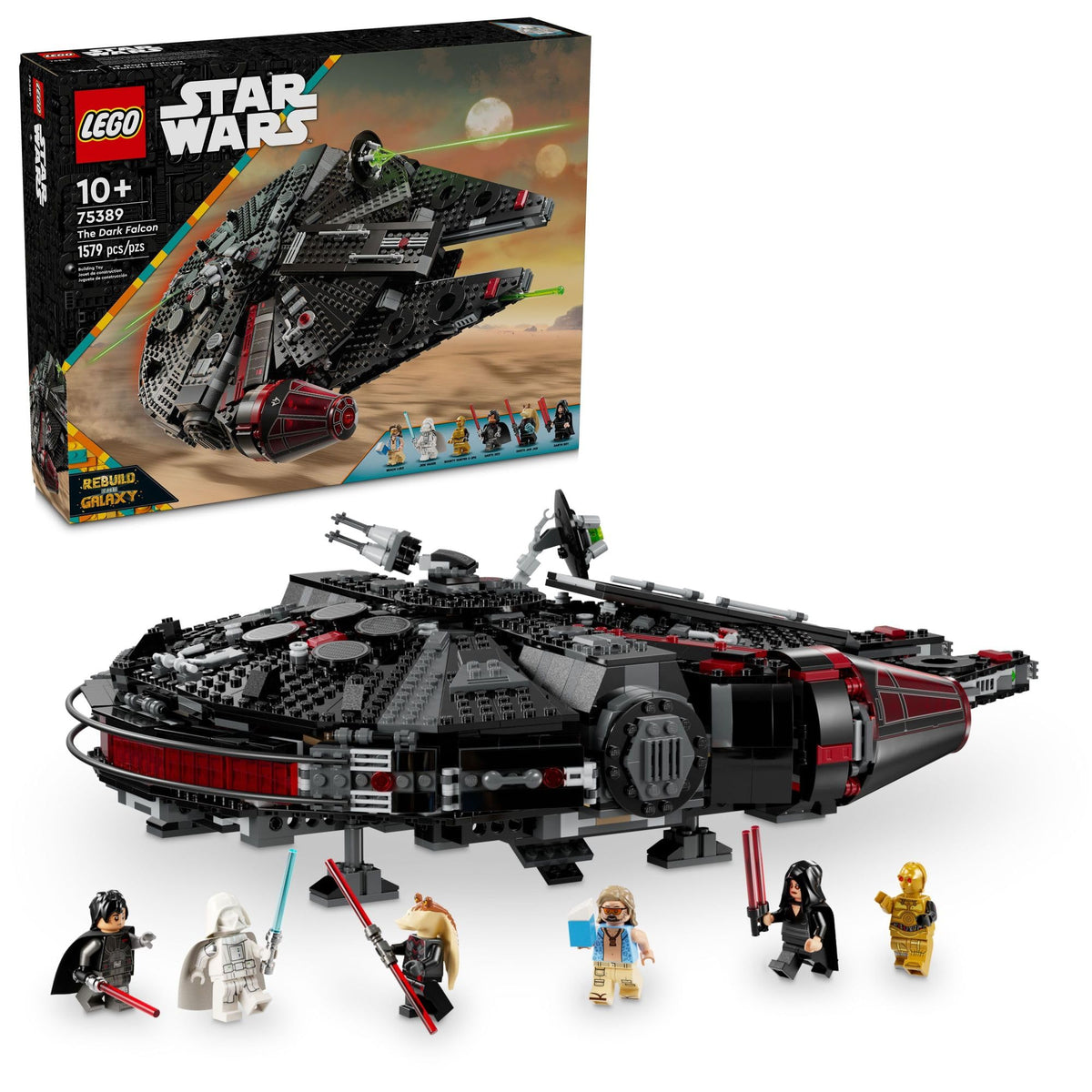 LEGO Star Wars The Dark Falcon front view shows a sleek dark hull and buildable details.