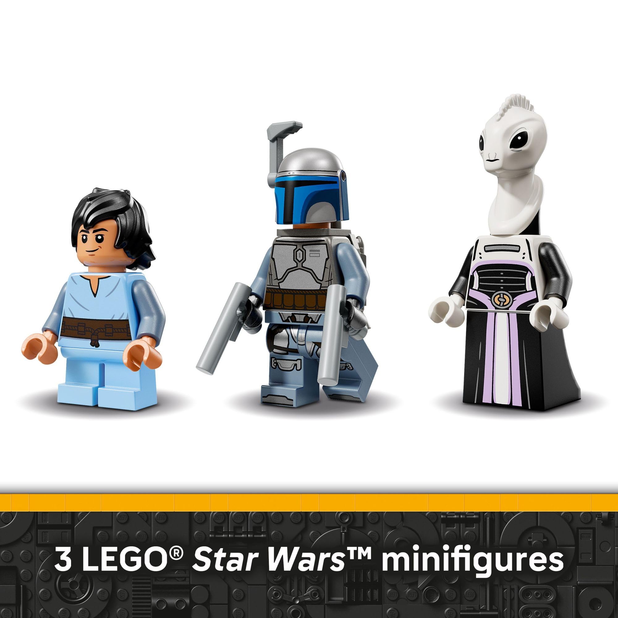Three minifigures—Jango Fett, Boba Fett, Lama Su—in LEGO Star Wars set
