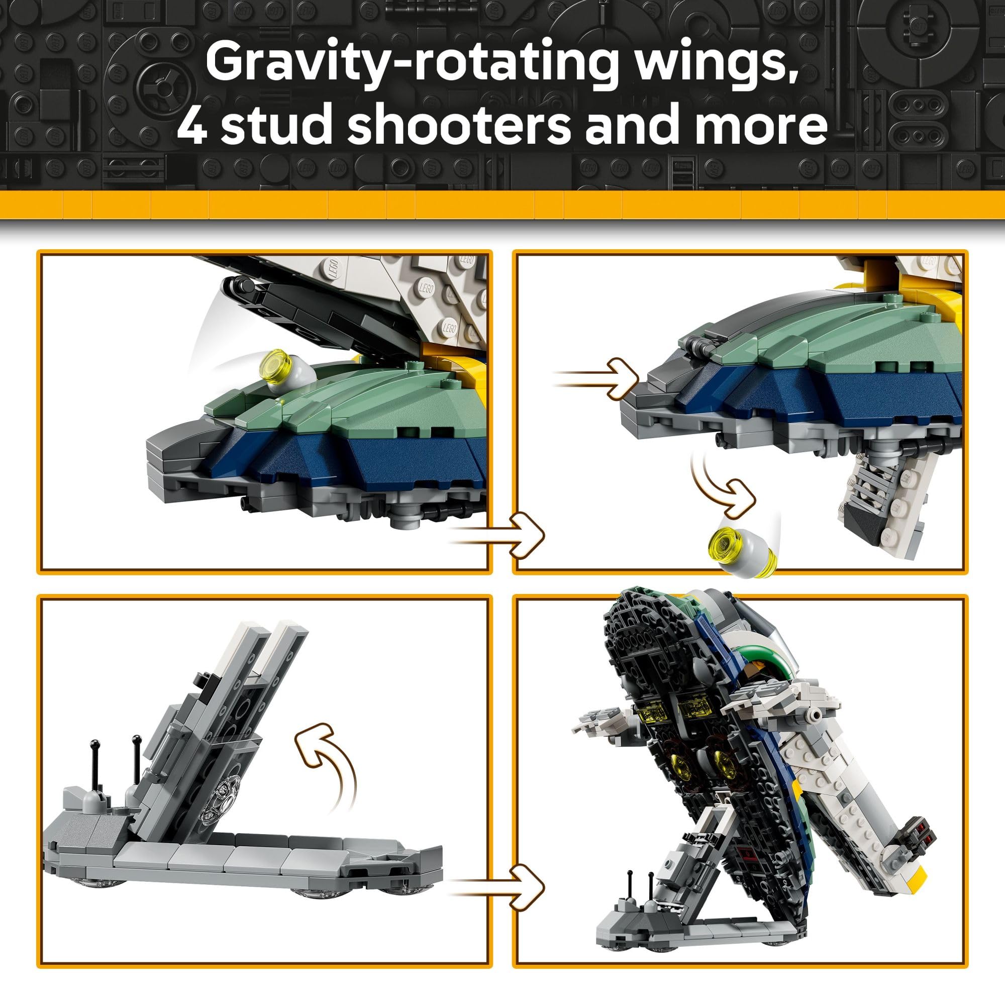 LEGO Star Wars Jango Fett's Starship rotating wings in action for dynamic scenes