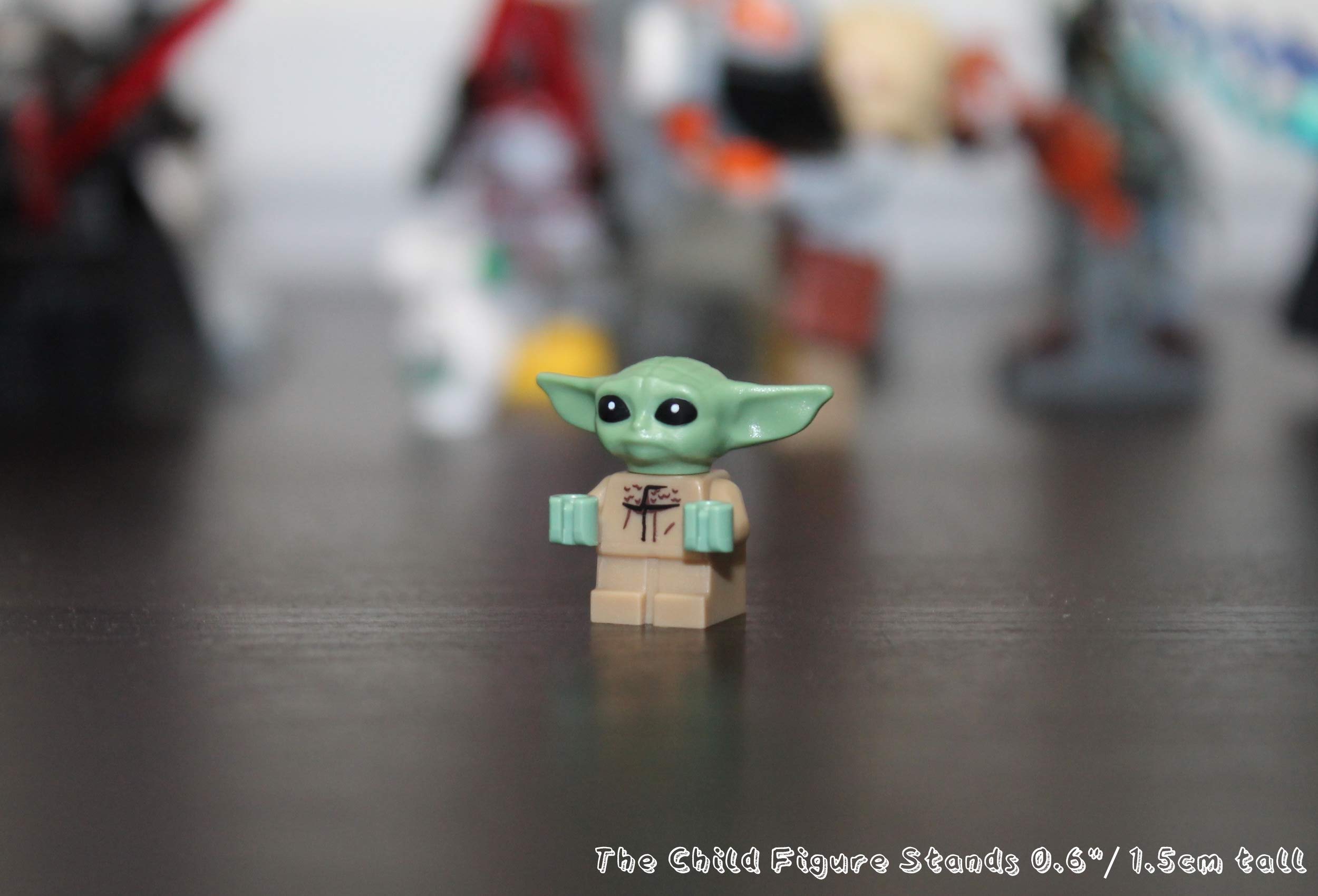 Close-up of LEGO Star Wars Baby Yoda Grogu minifigure showing authentic parts