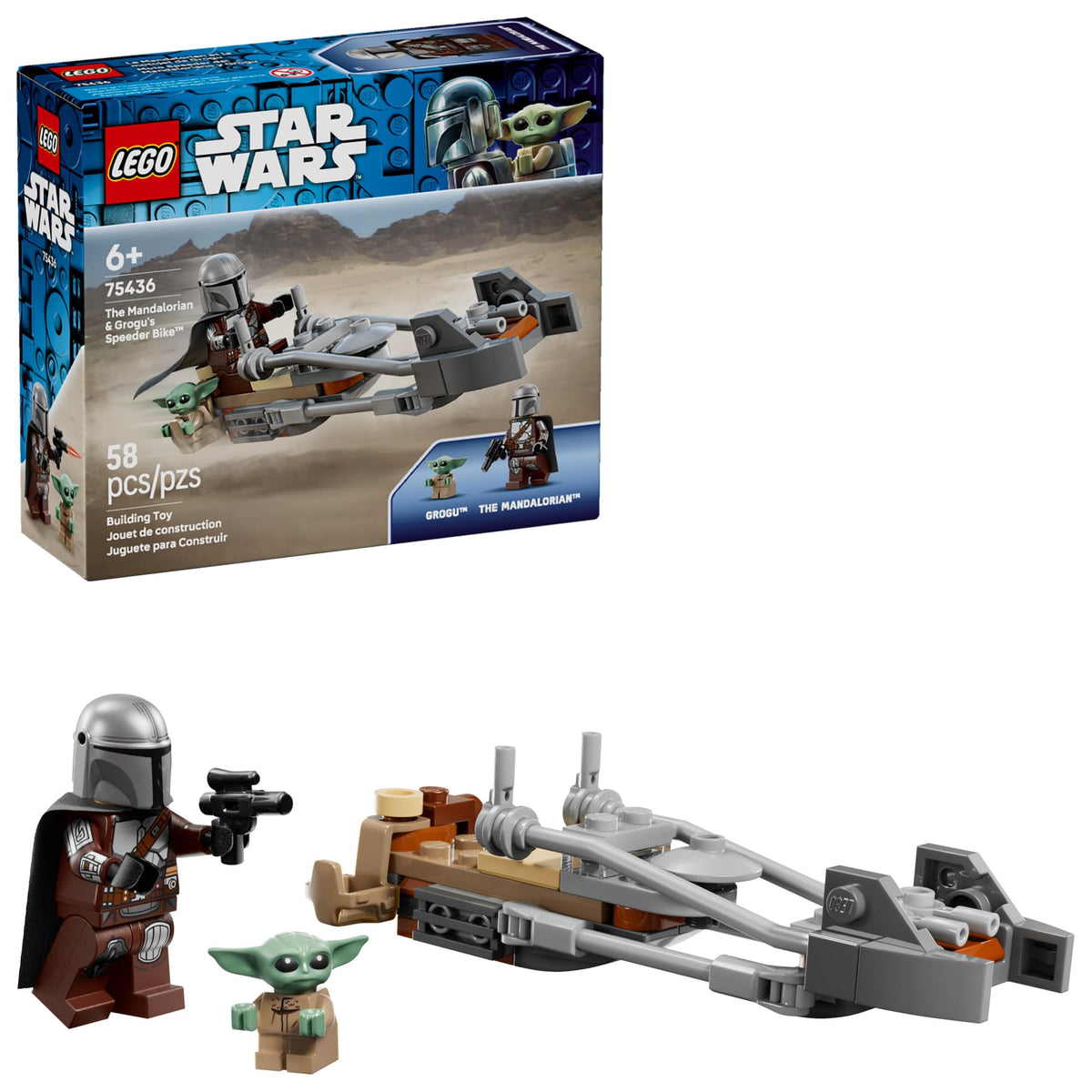 LEGO Star Wars Mandalorian Grogu speeder bike front view for fast-start pretend play