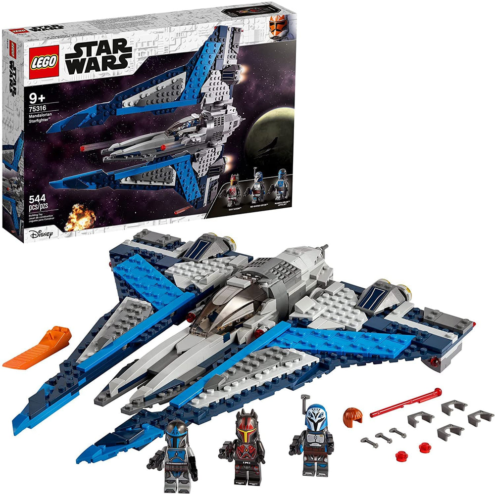 LEGO Star Wars Mandalorian Starfighter cockpit opens for two minifigures, ideal for action play