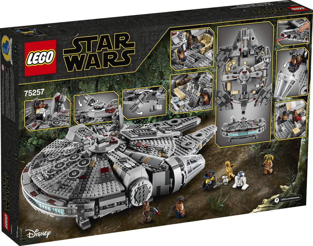 LEGO Star Wars Millennium Falcon 75257 seven minifigures with Finn and Chewbacca.