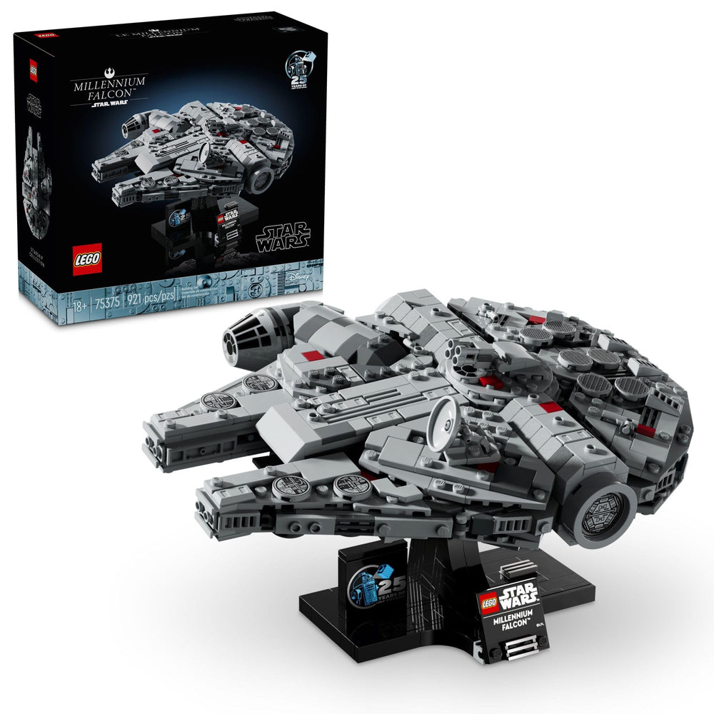 LEGO Star Wars Millennium Falcon assembly highlights intricate detailing ideal for display.