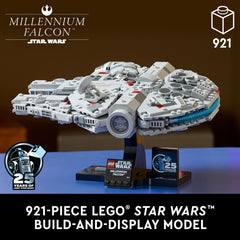 LEGO Star Wars Millennium Falcon display stand presents the ship at a dynamic angle.
