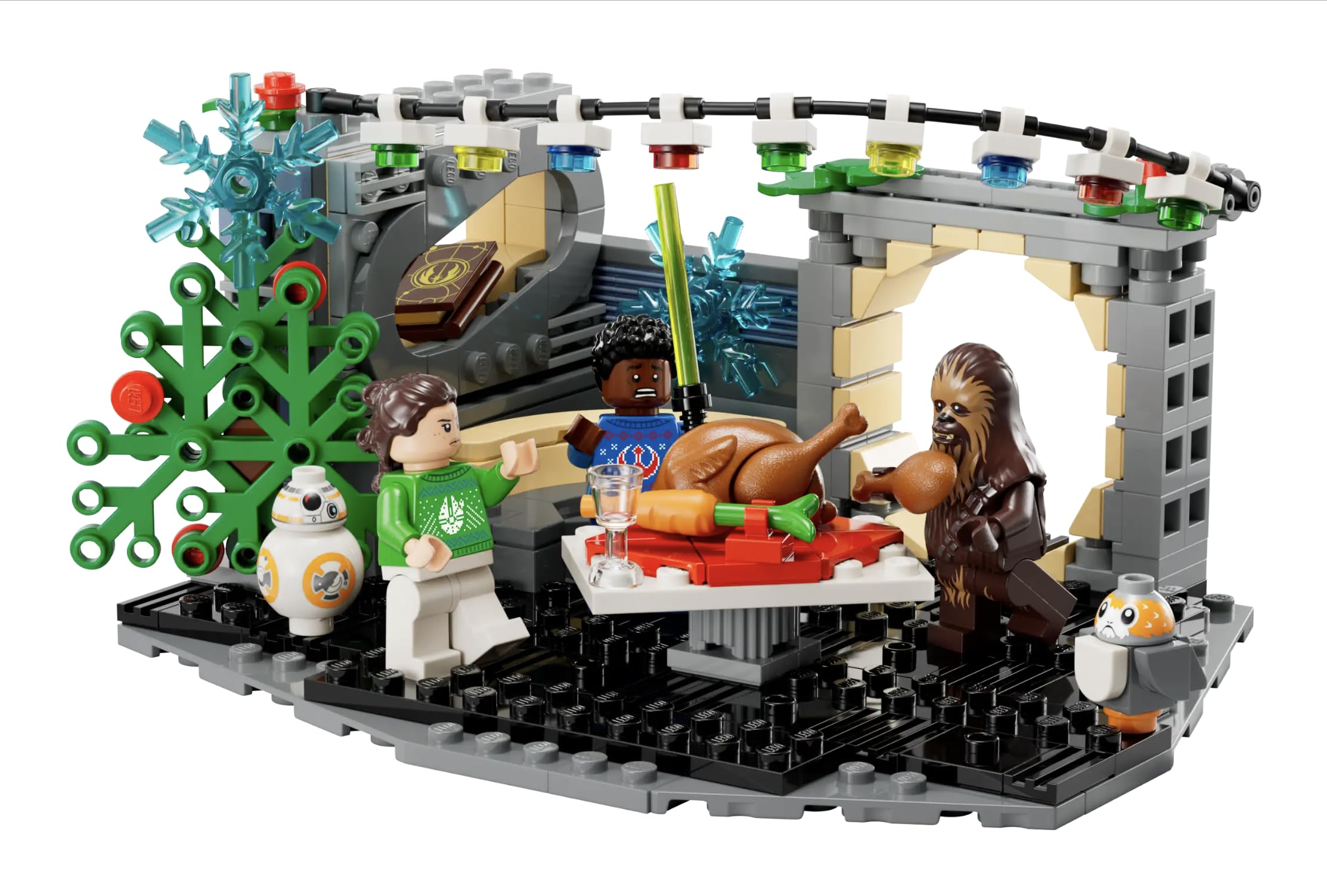 LEGO Star Wars Millennium Falcon Holiday Diorama lounge scene with festive minifigs for imaginative holiday play.