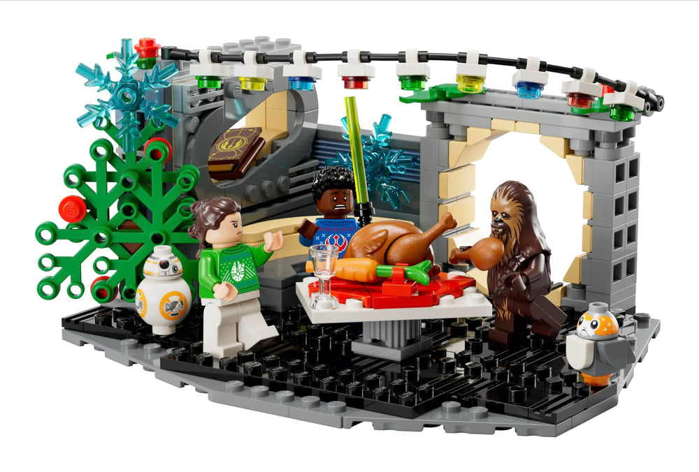 LEGO Star Wars Millennium Falcon Holiday Diorama lounge scene with festive minifigs for imaginative holiday play.