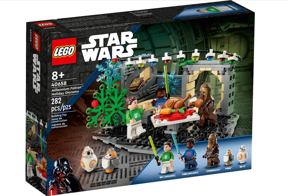 LEGO Star Wars Millennium Falcon Holiday Diorama minifigures in holiday sweaters inspire collectible display and storytelling.