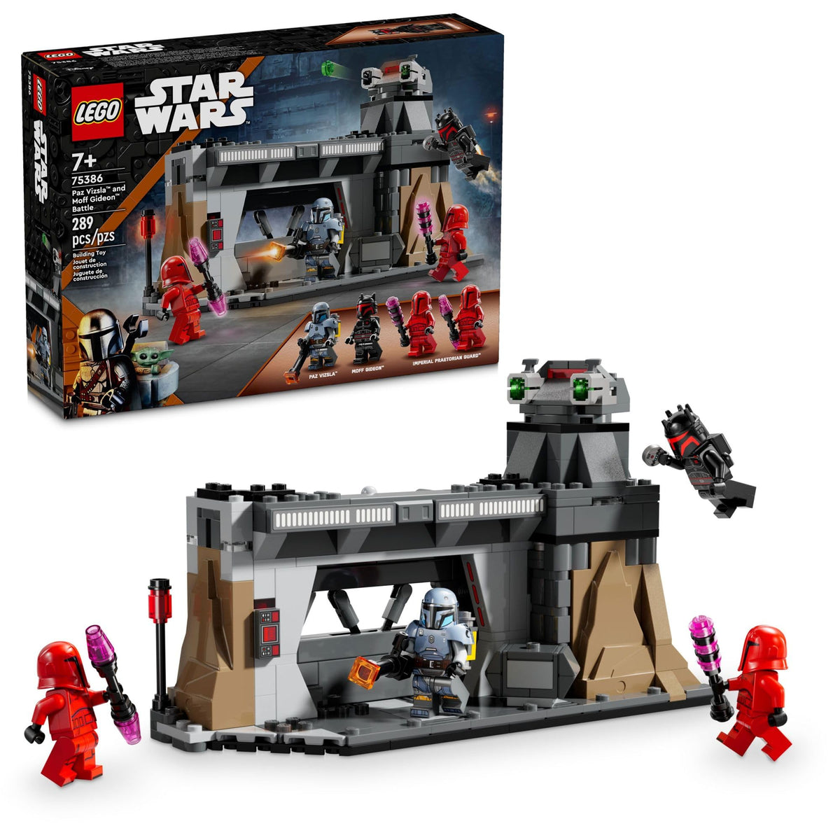 LEGO Star Wars Paz Vizsla and Moff Gideon battle base display for imaginative play