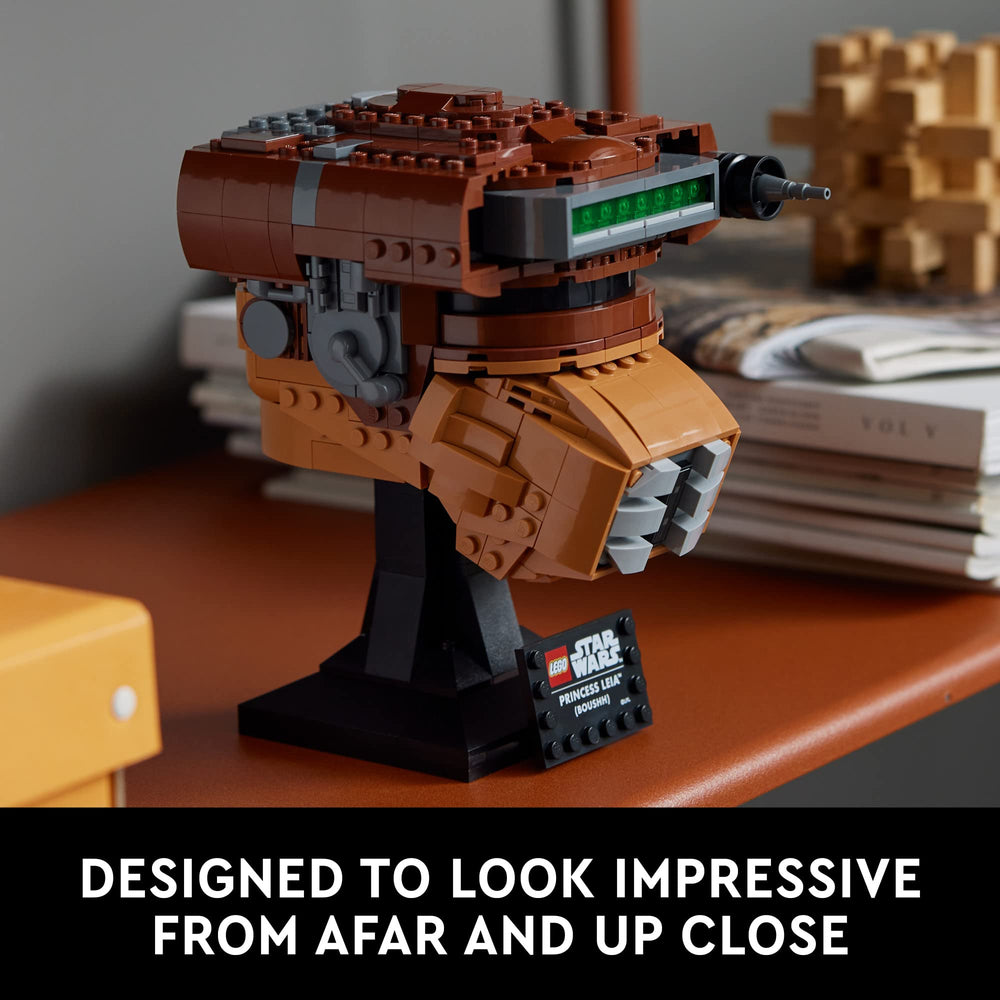 LEGO Star Wars Boushh helmet 75351 model showcases intricate bricks for premium display